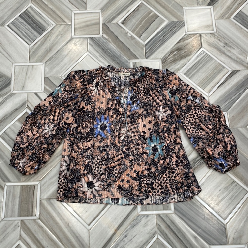 Ulla Johnson Peach Floral Print Peasant Blouse with Blue Accents